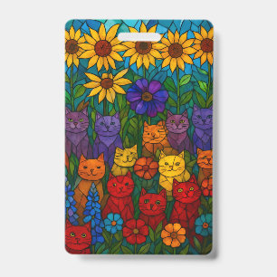 Sunflower Garden Cats Stained-Glass Art ID Badge