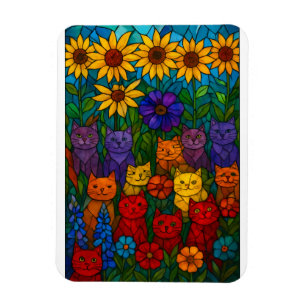 Sunflower Garden Cats Stained-Glass Art Magnet