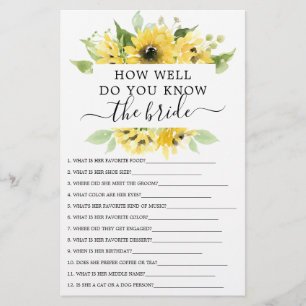 Sunflower Garden Double Sided Bridal Shower Games