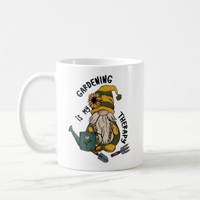 Sunflower Gardener Gnome Gardening Is My Therapy Coffee Mug (Left)