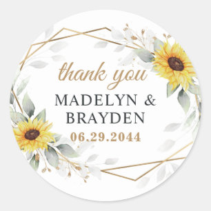 Sunflower Geometric Greenery Wedding Thank You Classic Round Sticker