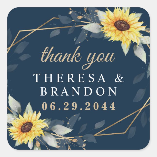 Sunflower Geometric Navy Blue Wedding Thank You Square Sticker (Front)
