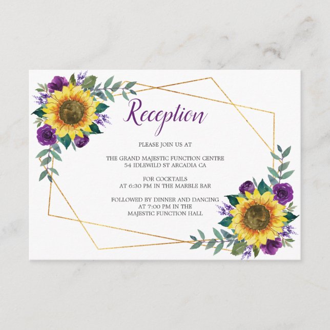 Sunflower Geometric Purple Floral Reception Enclosure Card (Front)