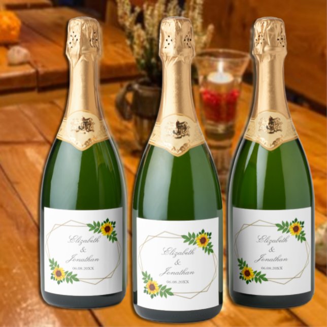 Sunflower Geometric Wedding Sparkling Wine Label (Creator Uploaded)