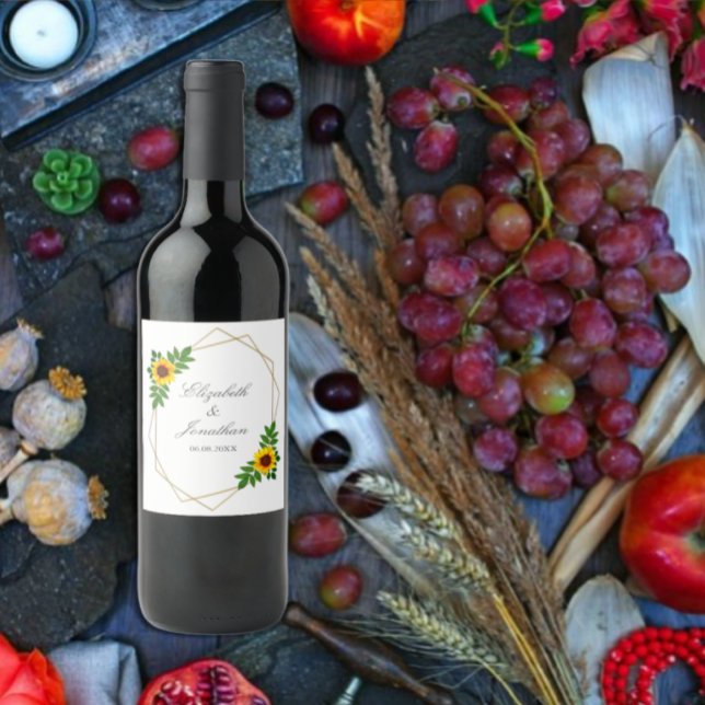 Sunflower Geometric Wedding Wine Label (Creator Uploaded)