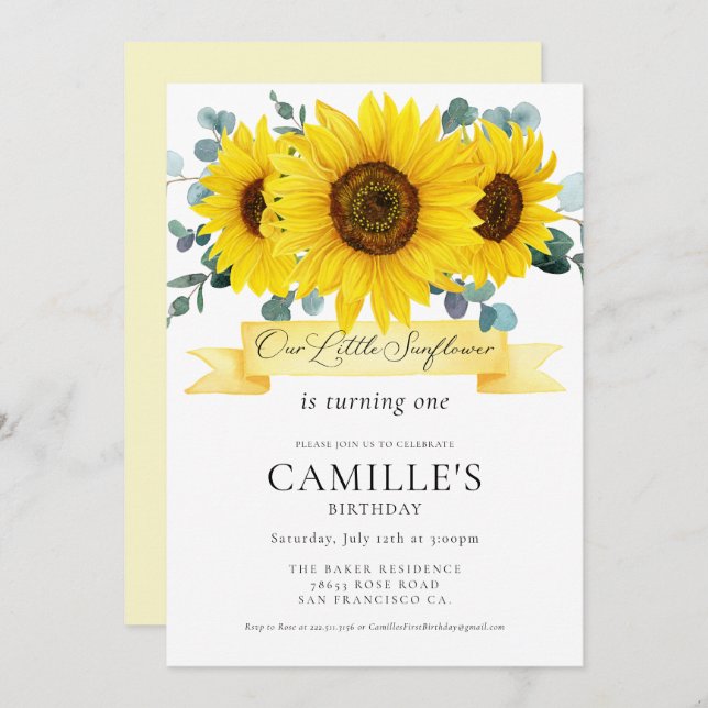 Sunflower Girl 1st Birthday Invitation (Front/Back)