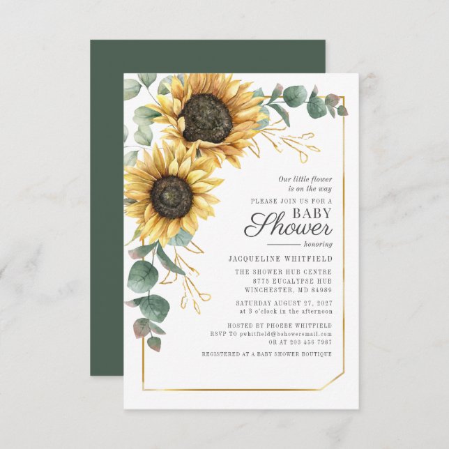 Sunflower Girl Baby Shower Eucalyptus Geometric Invitation (Front/Back)