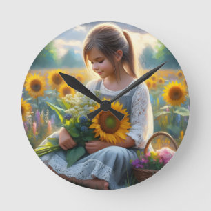 Sunflower Girl Round Clock
