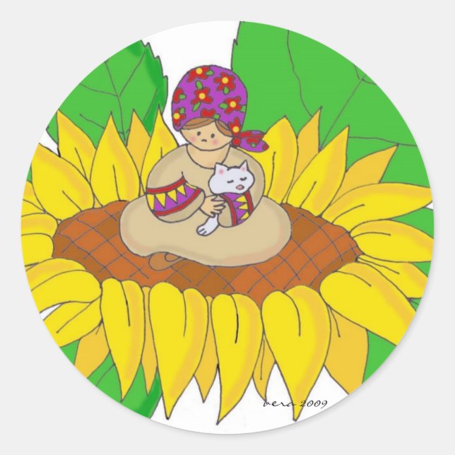 Sunflower Girl Ukrainian Folk Art Classic Round Sticker (Front)