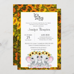 Sunflower Girls Twin Elephant Baby Shower    Invitation