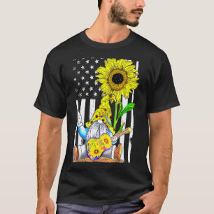 Sunflower Gnome Playing Guitar Hippie American Fla T-Shirt