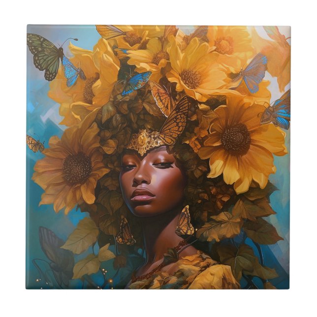 Sunflower Goddess Fantasy Art Ceramic Tile (Front)