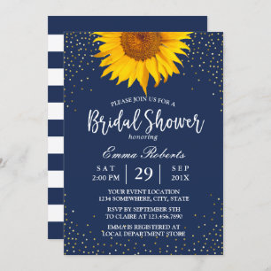 Sunflower Gold Confetti Navy Blue Bridal Shower Invitation