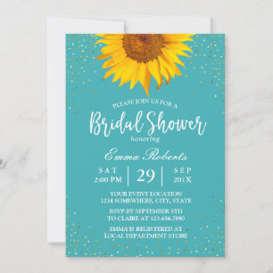 Sunflower Gold Confetti Turquoise Bridal Shower Invitation