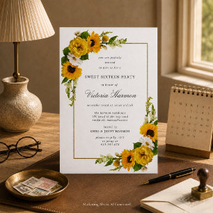  Sunflower Gold Frame Sweet 16 Party Invitation