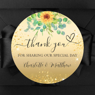 Sunflower gold glitter thank you wedding  classic round sticker