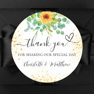 Sunflower gold glitter thank you wedding classic round sticker