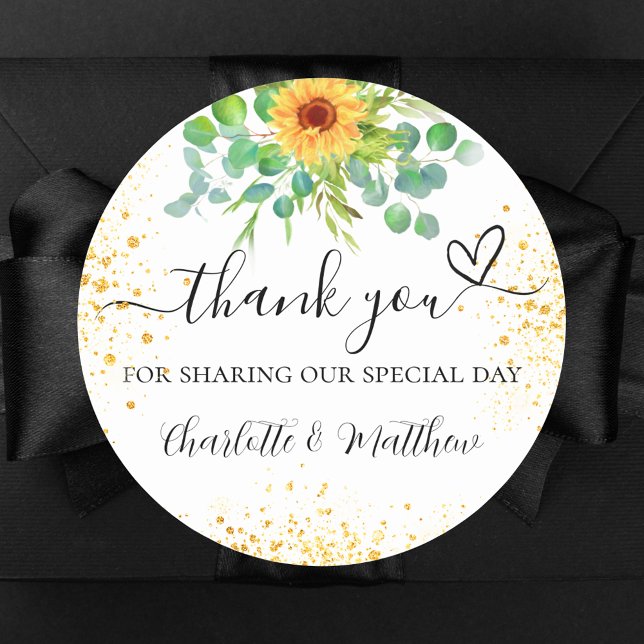 Sunflower gold glitter thank you wedding classic round sticker (Creator Uploaded)