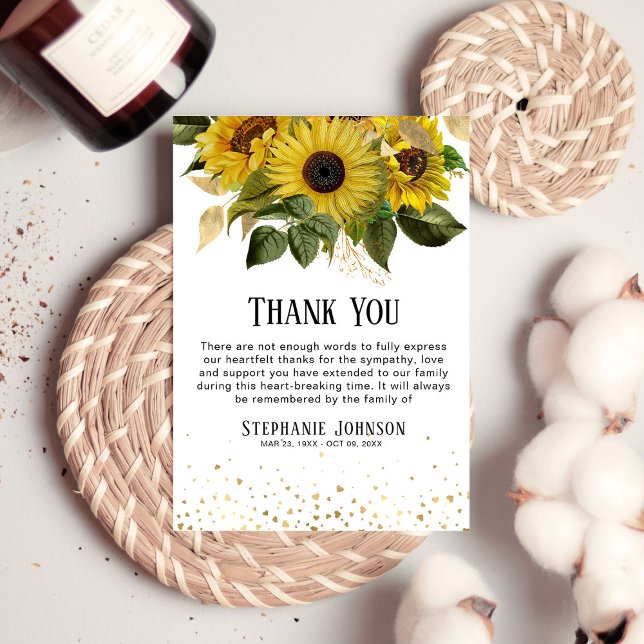 Sunflower & Gold Heart Photo Symapthy Thank You Card (Creator Uploaded)