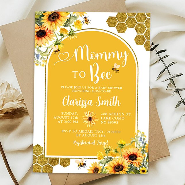 Sunflower Gold Mummy to Bee Baby Shower Invitation (Creator Uploaded)
