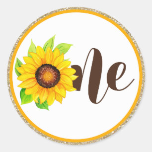 Sunflower & Gold ONE Baby Girl 1st Birthday Party Classic Round Sticker