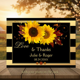 Sunflower Gold Stripe Photo Wedding Thank You Card