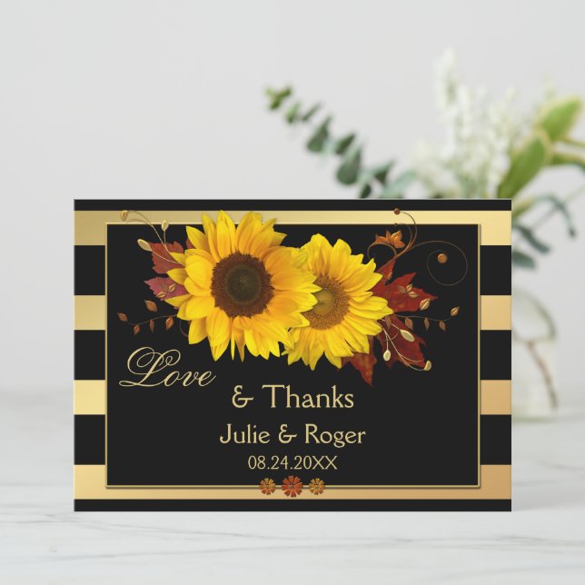 Sunflower Gold Stripe Photo Wedding Thank You Card (Standing Front)