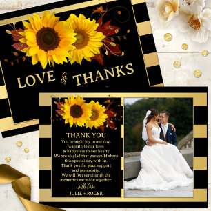 Sunflower Gold Striped Photo Wedding  Thank You Card