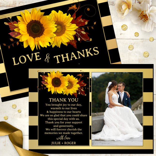 Sunflower Gold Striped Photo Wedding  Thank You Card (Gorgeous photo Thank You card featuring festive sunflowers and fall leaves on a chic gold stripe)