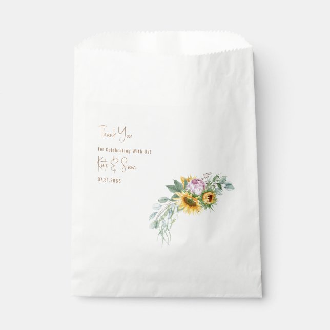 Sunflower Gold Text White Wedding Favour Bag (Front)