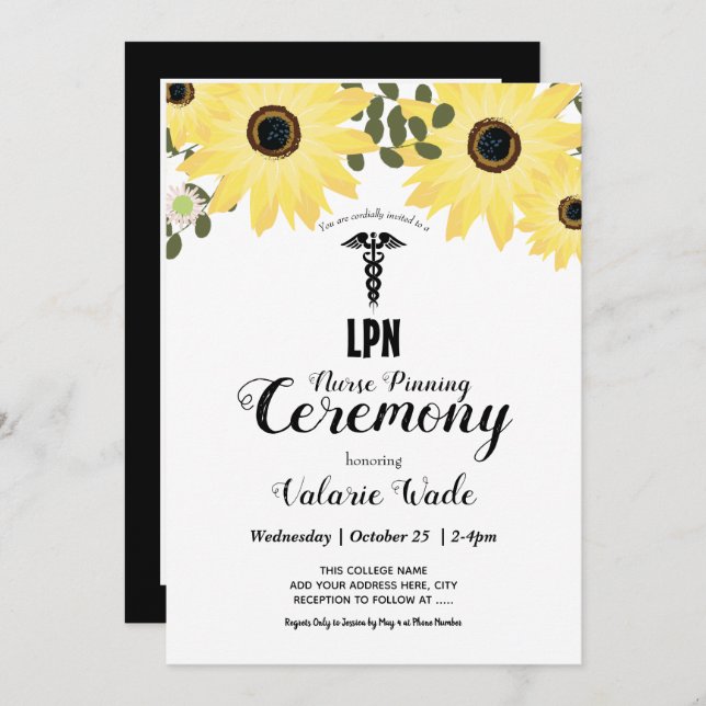 Sunflower Graduation LPN Nurse Pinning Ceremony Invitation (Front/Back)