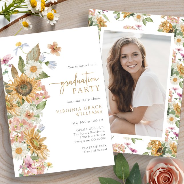 Sunflower Graduation Party Invitation (Watercolor Sunflower Photo Graduation Party Invitation by Painted Paperie
)