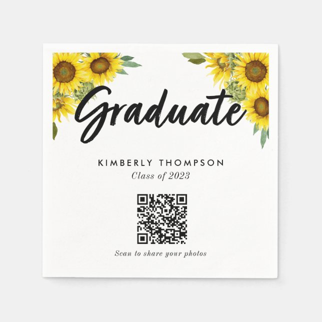 Sunflower Graduation QR Code Party Photo Share Napkin (Front)