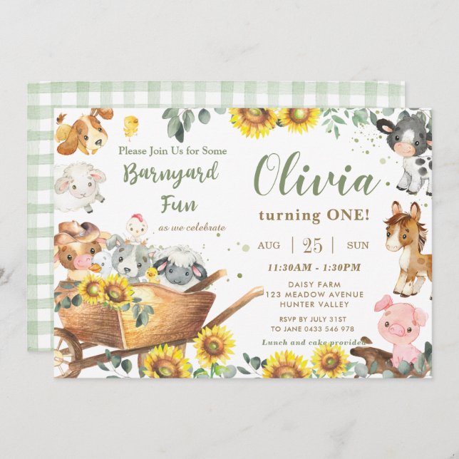 Sunflower Greenery Farm Animals Barnyard Birthday Invitation (Front/Back)