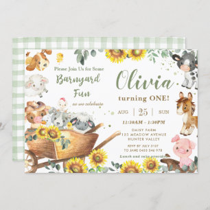 Sunflower Greenery Farm Animals Barnyard Birthday Invitation