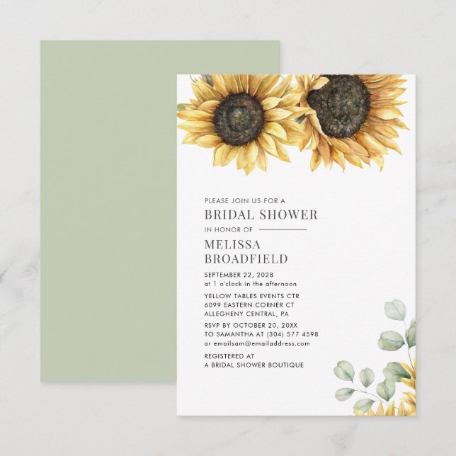 Sunflower Greenery Watercolor Floral Bridal Shower Invitation (Front/Back)
