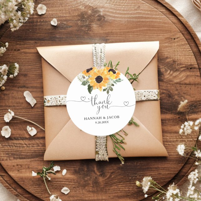 Sunflower Greenery Wedding Thank You Favour Classic Round Sticker (Creator Uploaded)
