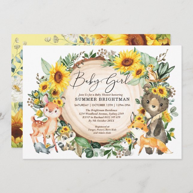 Sunflower Greenery Woodland Animals Baby Shower Invitation (Front/Back)