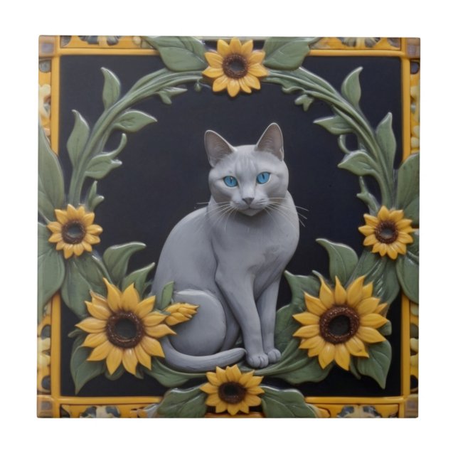 Sunflower Grey Cats - Grey Cat & Yellow Sunflowers Ceramic Tile (Front)