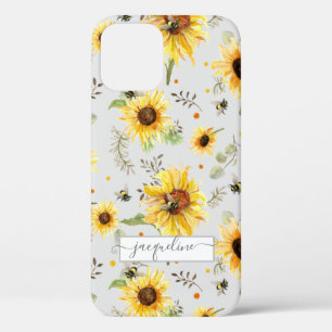Sunflower Grey Yellow Bumble Bee Eucalyptus Leaf iPhone 12 Pro Case