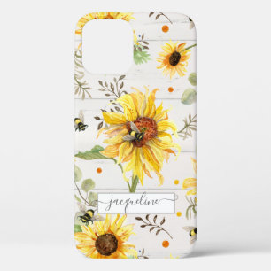 Sunflower Grey Yellow Bumble Bee Rustic Script iPhone 12 Pro Case