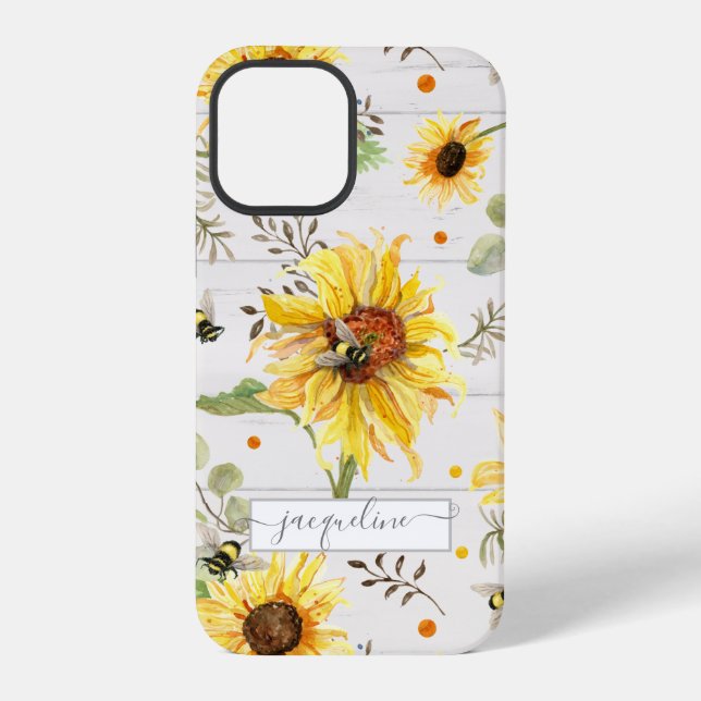 Sunflower Grey Yellow Bumble Bee Rustic Script iPhone Case (Back)