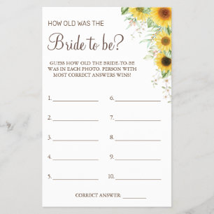 Sunflower Guess how old was She shower game card