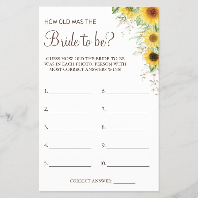 Sunflower Guess how old was She shower game card (Front)