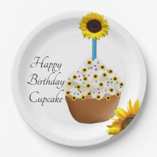 Sunflower Happy Birthday Cupcake Paper Plates
