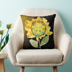Sunflower Happy Birthday Girl Black Cushion