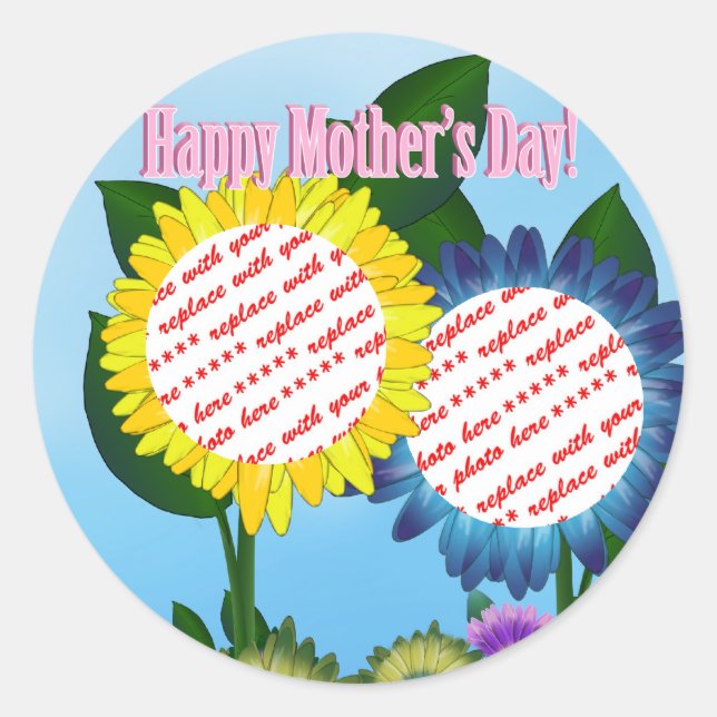 Sunflower Happy Mother's Day Photo Frame Classic Round Sticker (Front)