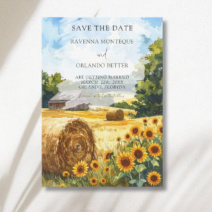 Sunflower Hay Bales Wooden House Country Wedding Invitation