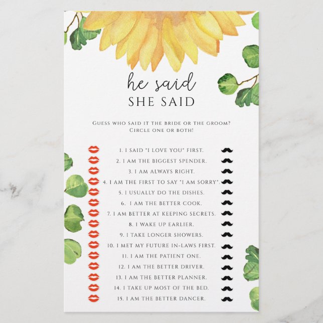 Sunflower He said she said bridal shower game (Front)