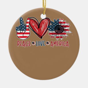 Sunflower Heart Sign Peace Love America 4th July Ceramic Ornament